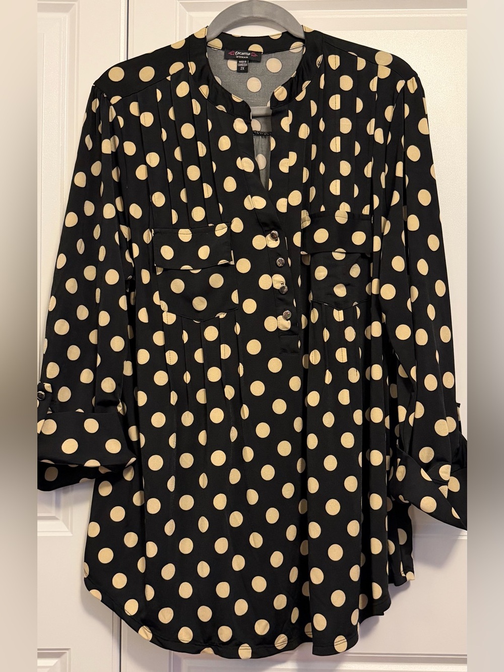 Cocomo Black Blouse with Cream Polka Dots